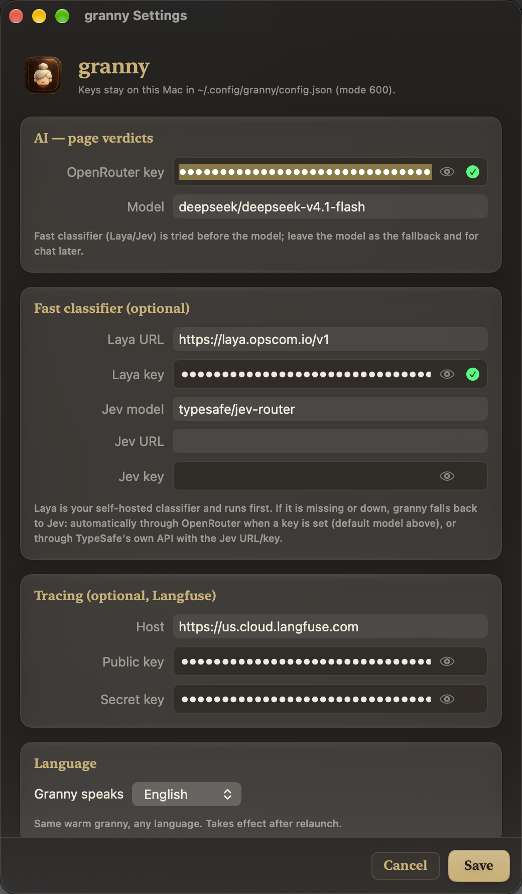 granny's Settings window: keys, classifier, tracing, language and watchlists