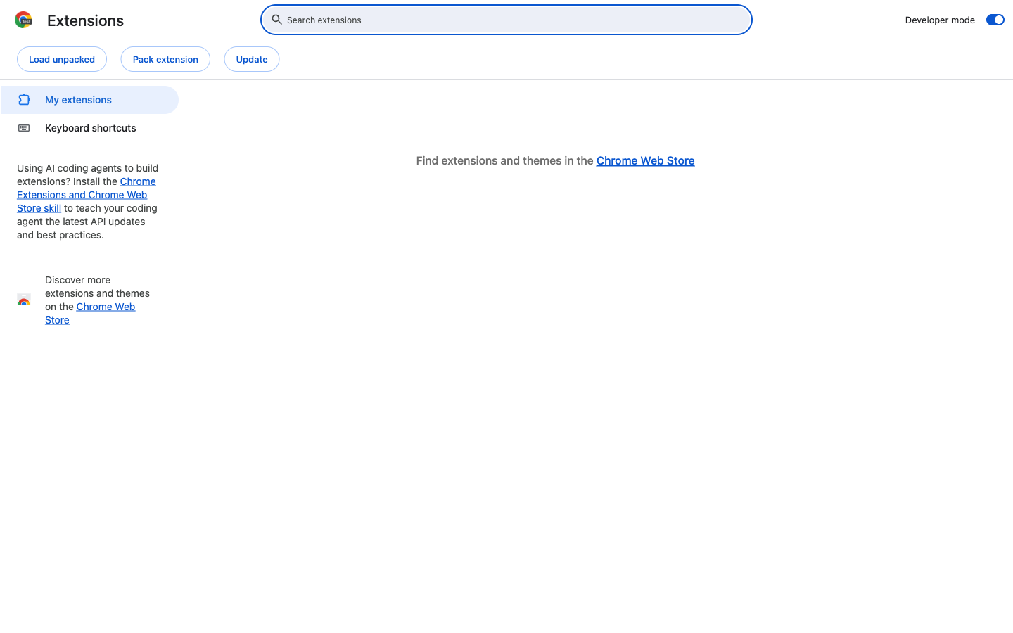 chrome://extensions with Developer mode on and the Load unpacked button visible