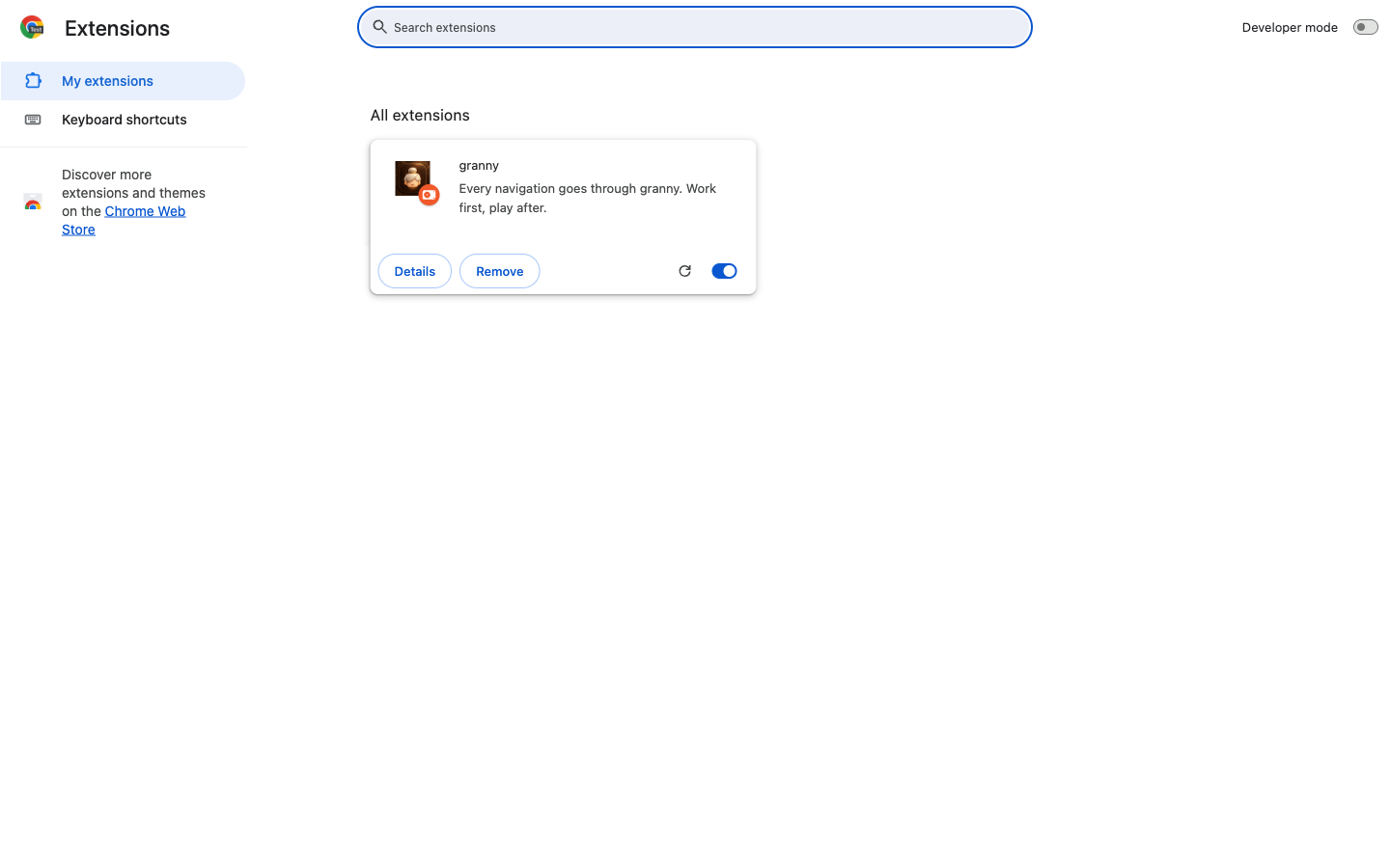 The extensions list showing granny loaded and enabled