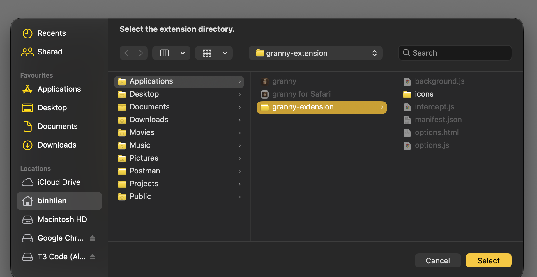 The folder picker with granny-extension selected