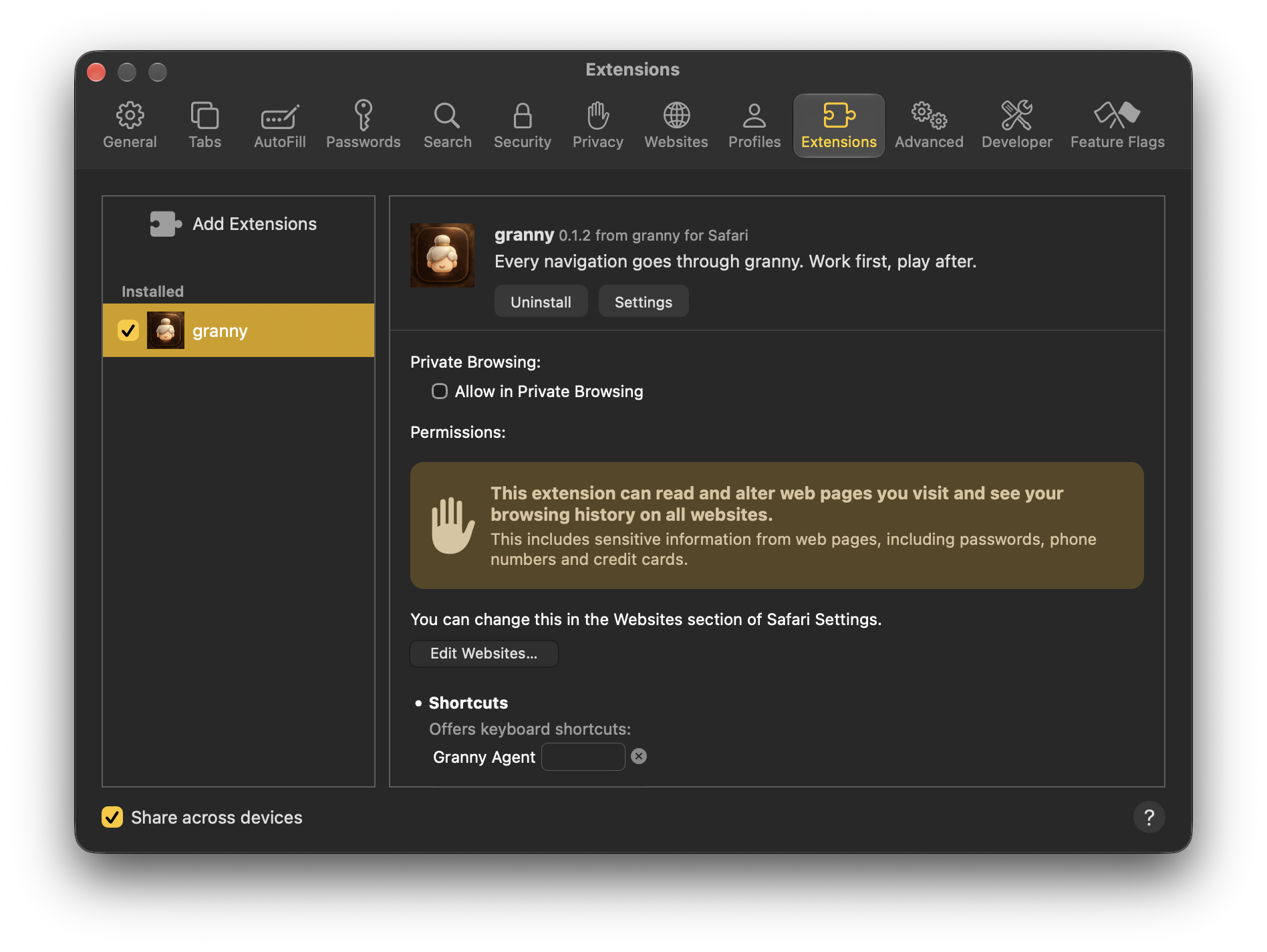 Safari Settings, Extensions pane, with granny ticked